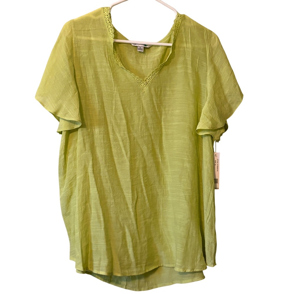Counterparts Apple Green Flutter Sleeve Lace Trim V-Neck Blouse XL 91180281HA